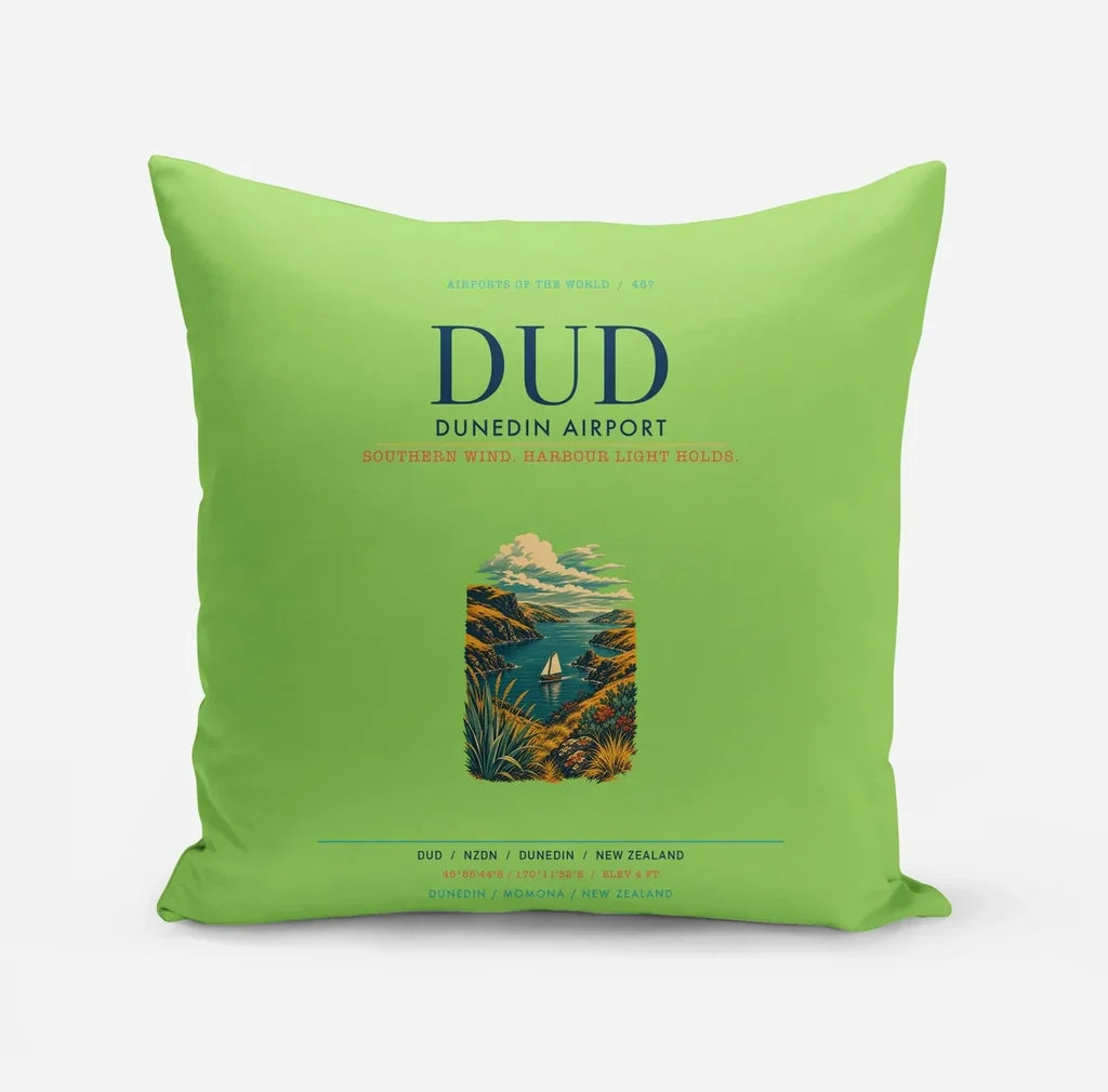 Dunedin Airport (DUD) design on light green pillow
