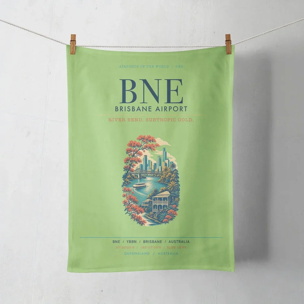 Brisbane Airport (BNE) design on light green towel
