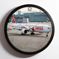 Thumbnail for Swiss Airlines Boeing 777 aviation design on premium wood and metal wall clock.