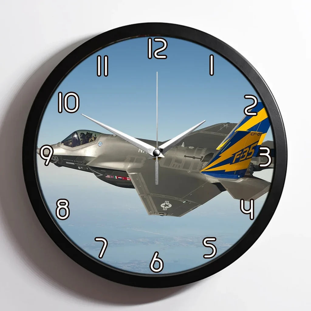 Cruising Fighter Jet 35 aviation design on premium wood and metal wall clock.