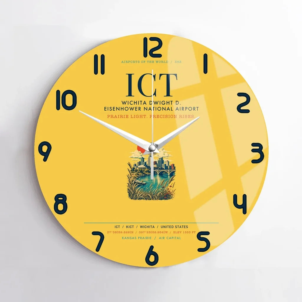Wichita Dwight D. Eisenhower National Airport (ICT) design on yellow no frame wall clock