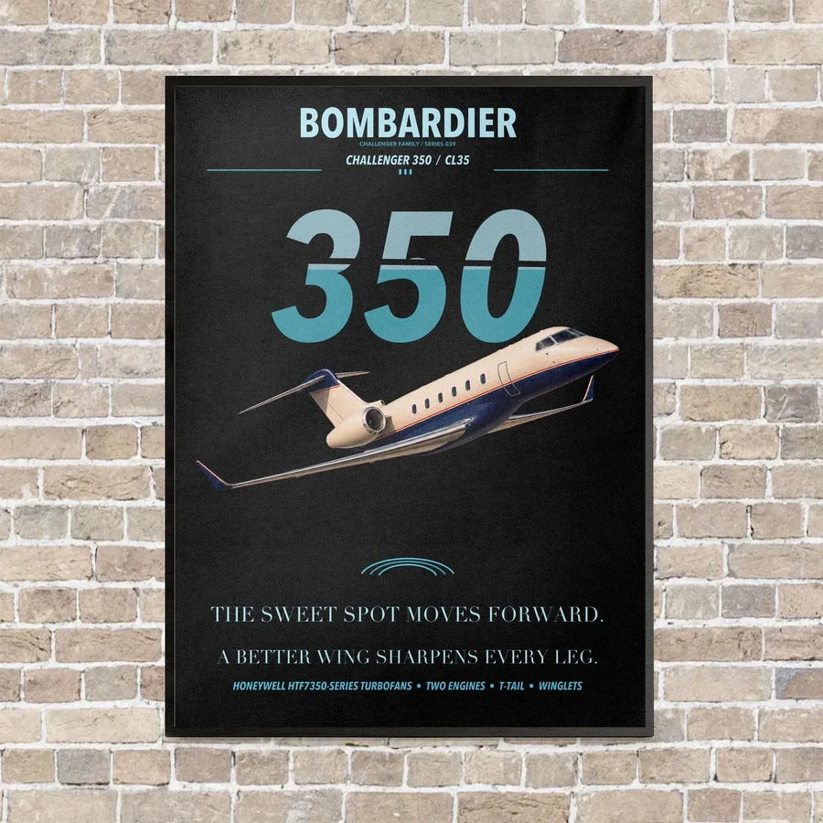 Bombardier Challenger 350 vertical canvas print - framed - black background