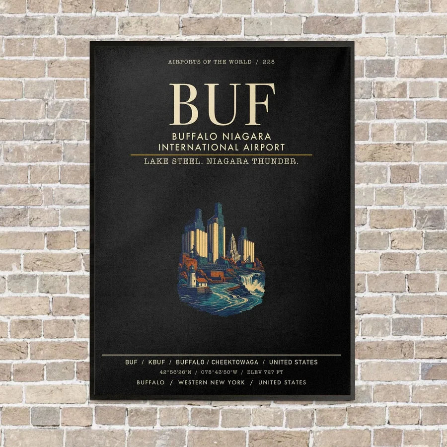 Buffalo Niagara International Airport BUF vertical canvas print - framed - black background