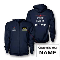 Thumbnail for Pilot (777 Silhouette) Zipped Hoodie - Navy Blue + Name (Customizable)