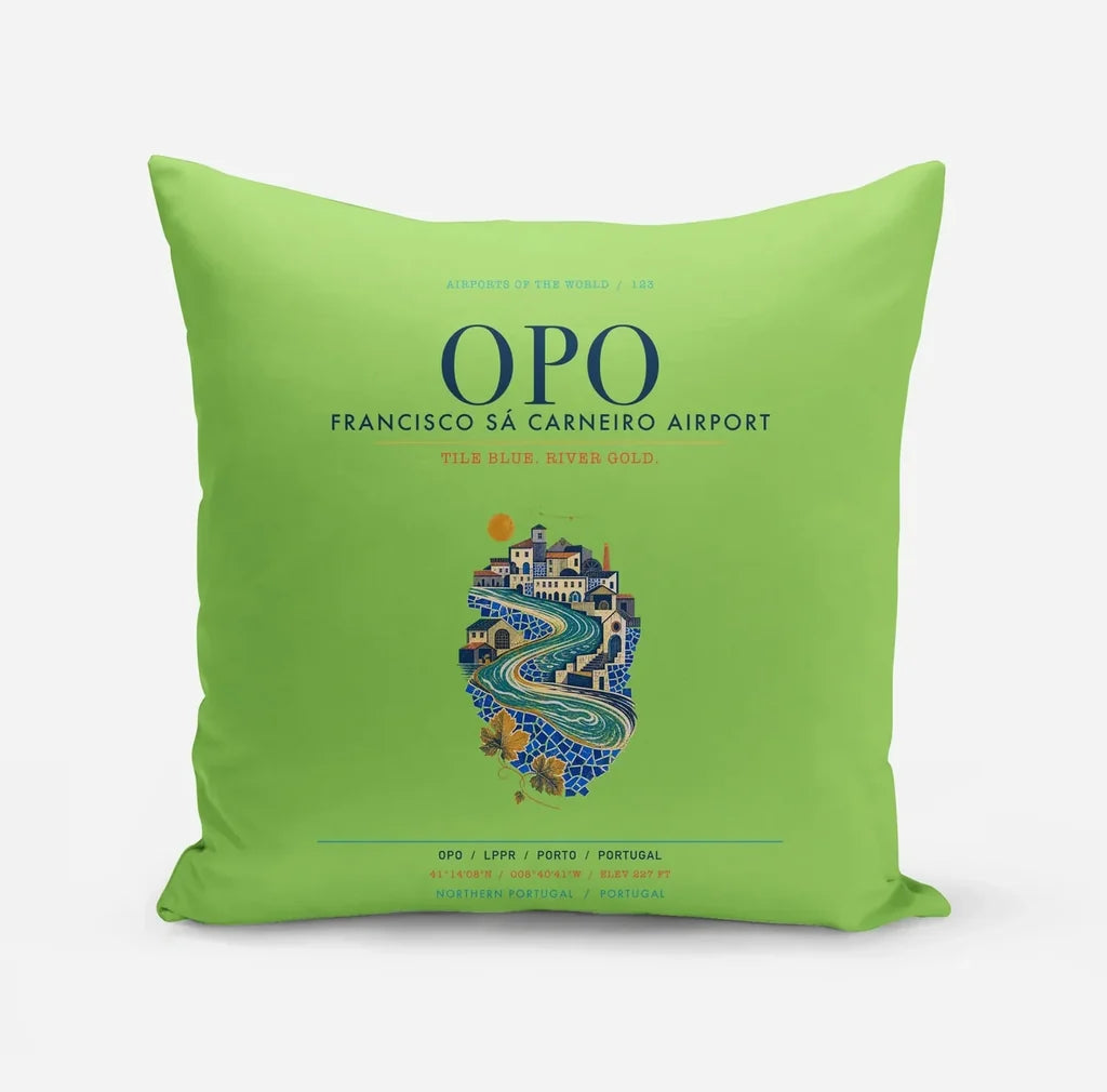 Porto Francisco Sá Carneiro Airport (OPO) design on light green pillow