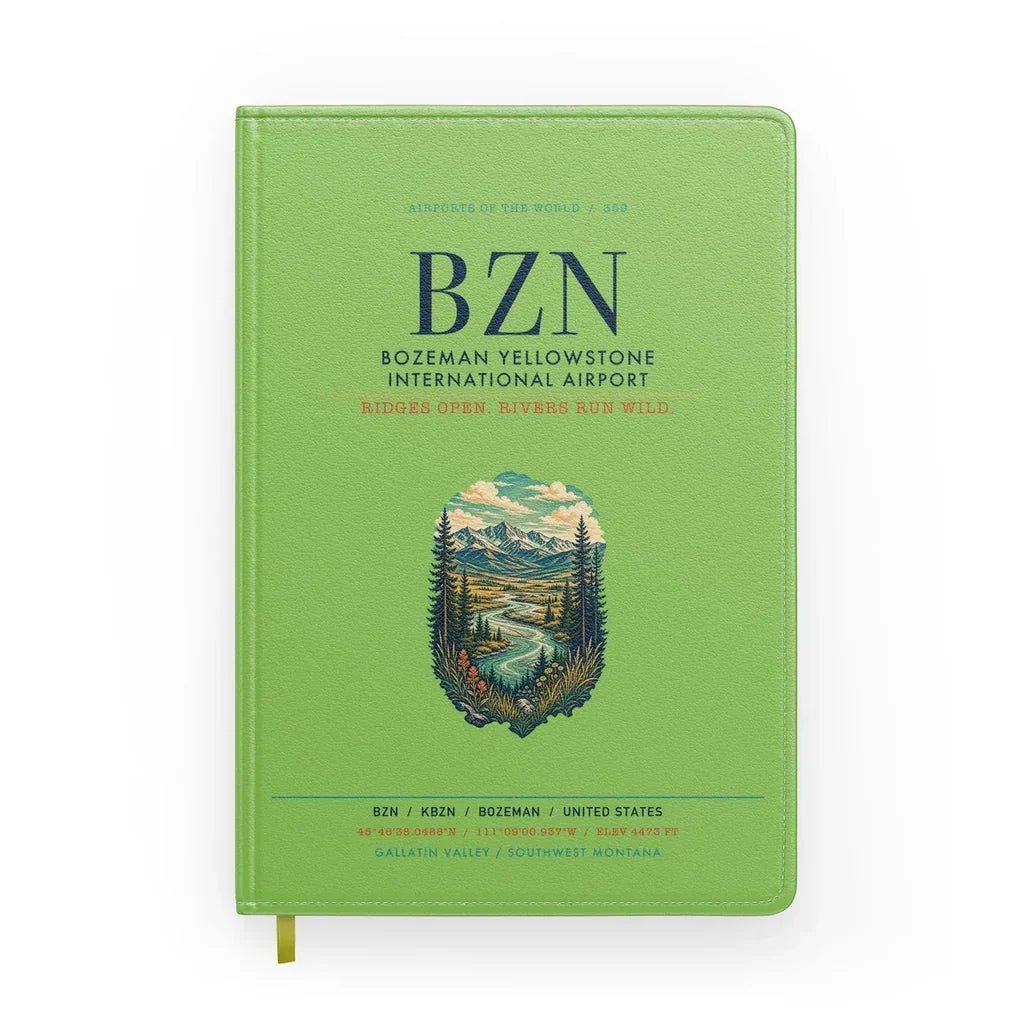 Bozeman Yellowstone International Airport (BZN) design on light green notebook