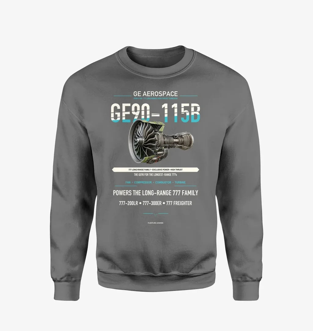 GE90-115B design on gray sweatshirt
