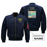 Thumbnail for Regina International Airport (YQR) design on blue bomber jacket with custom name patch