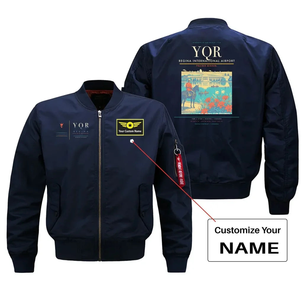 Regina International Airport (YQR) design on blue bomber jacket with custom name patch