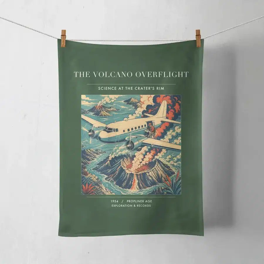 VINTAGE G4206 - The Volcano Overflight - Designed Towels design on darkgreen