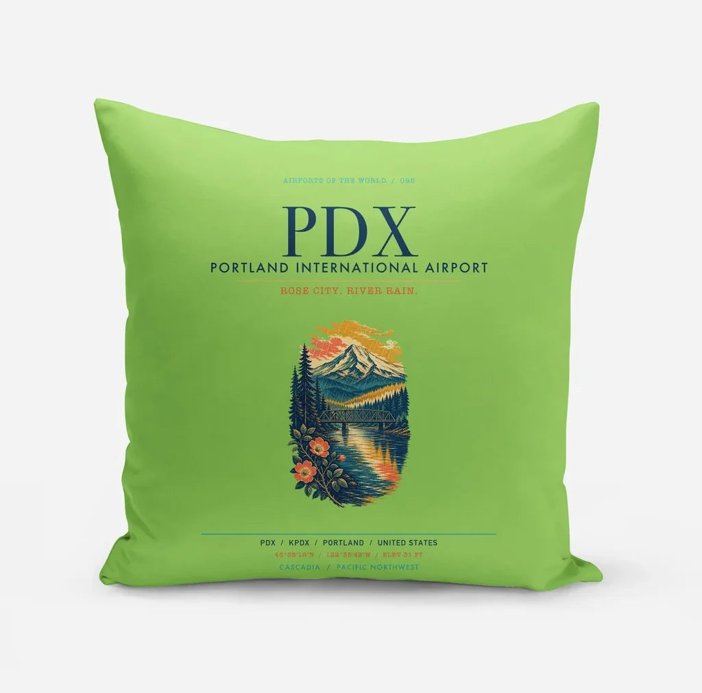 Portland International Airport (PDX) design on light green pillow