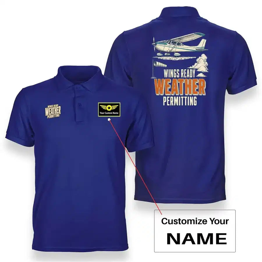 SIGNAL 144 - Wings Ready Weather Permitting - Double-Side Polo design on blue double side polo with custom name badge