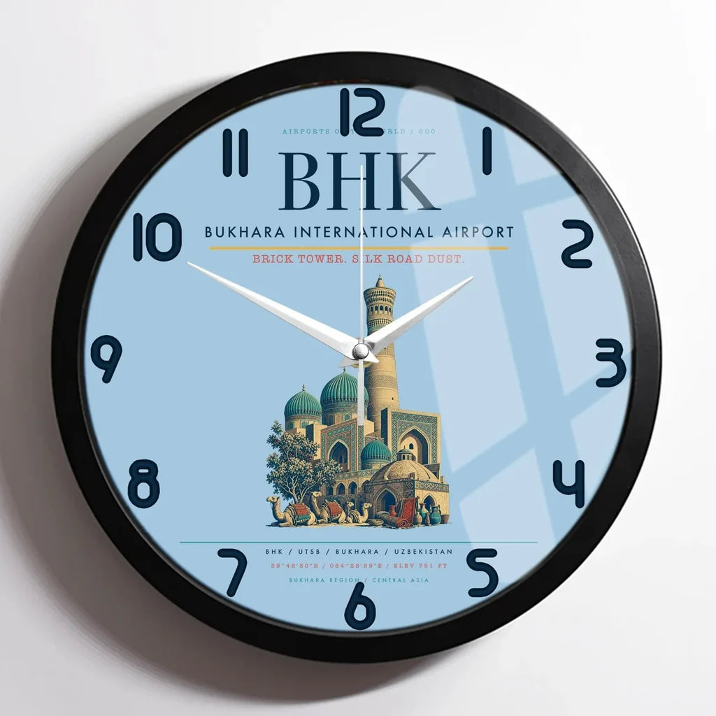 Bukhara International Airport BHK Wall-Clock Framed - Light Blue