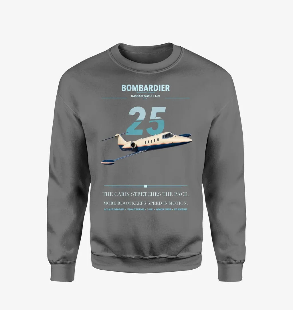 Bombardier Learjet 25 design on gray sweatshirt