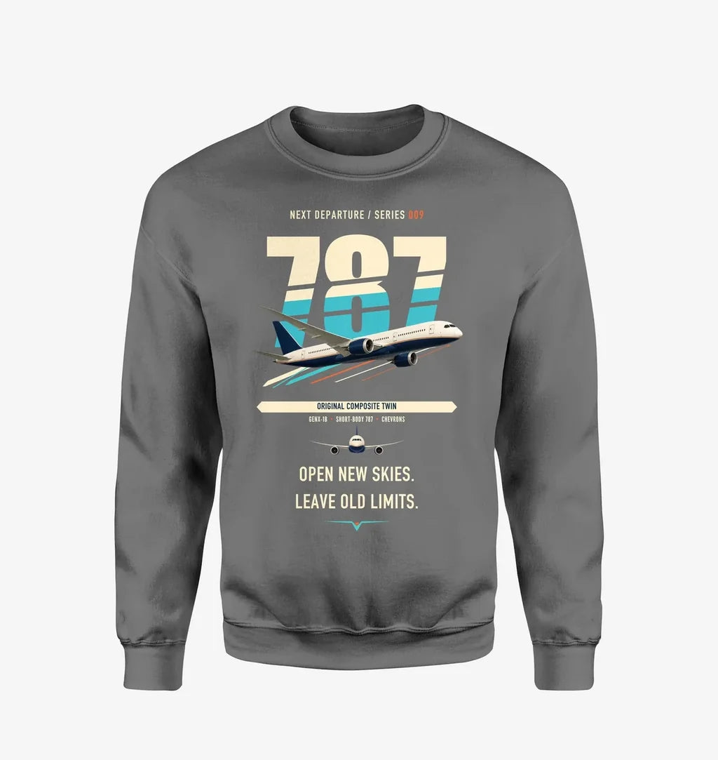 Boeing 787-8 Dreamliner design on gray sweatshirt
