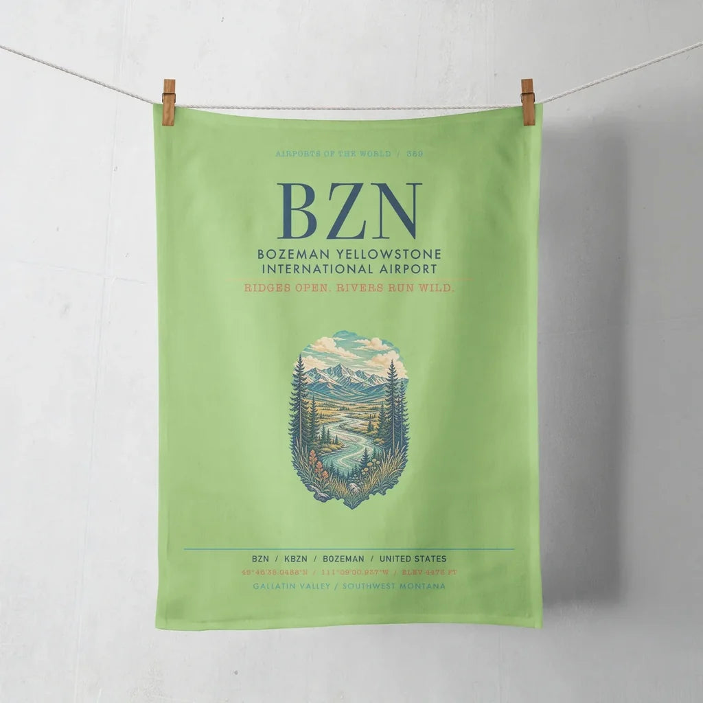 Bozeman Yellowstone International Airport (BZN) design on light green towel