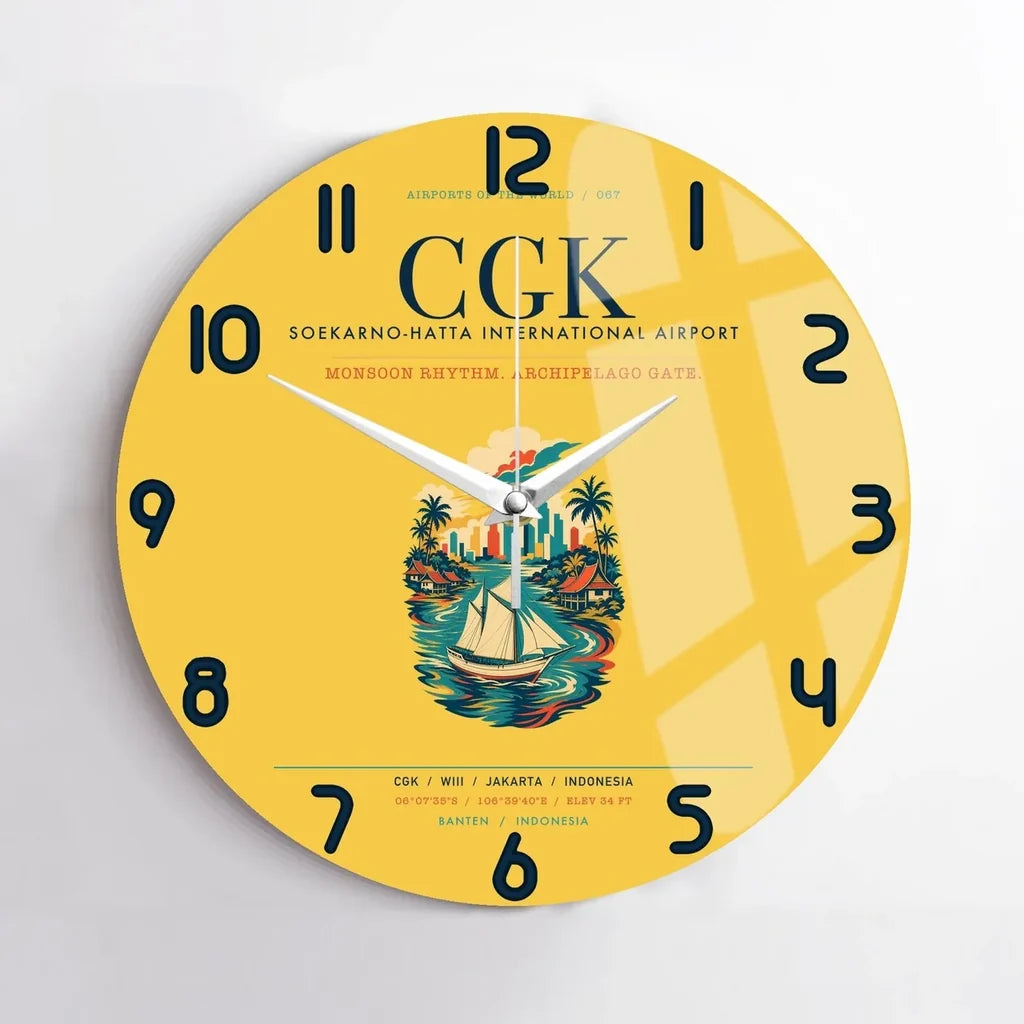 Jakarta Soekarno-Hatta International Airport (CGK) design on yellow no frame wall clock