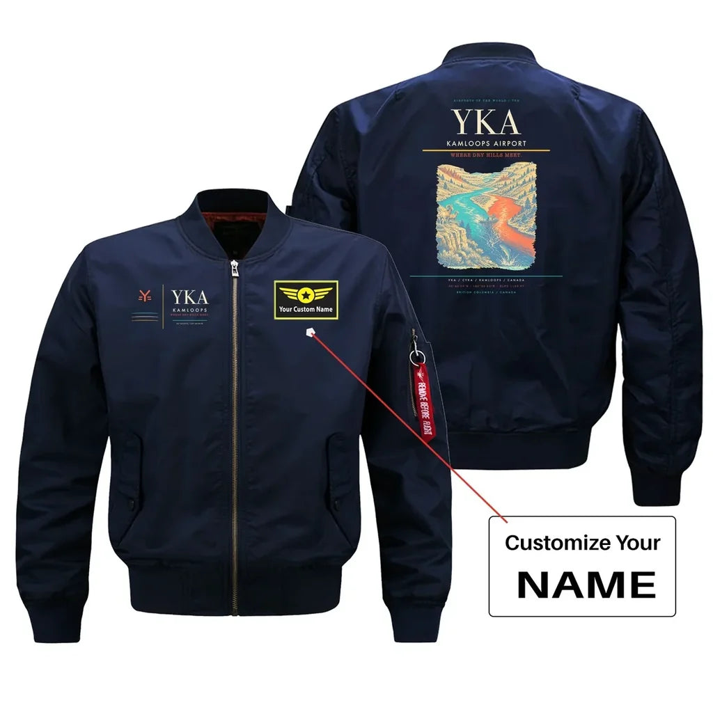 Kamloops Airport (YKA) design on blue bomber jacket with custom name patch