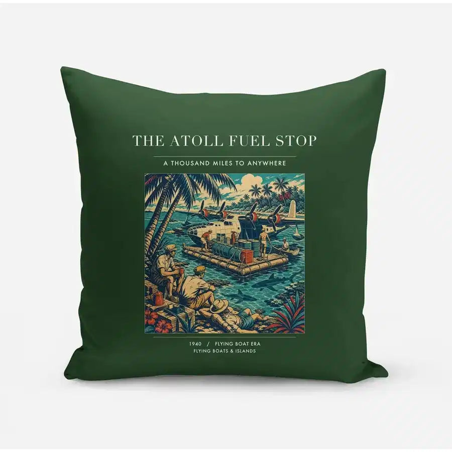 VINTAGE G4069 - The Atoll Fuel Stop - Designed Pillows design on darkgreen