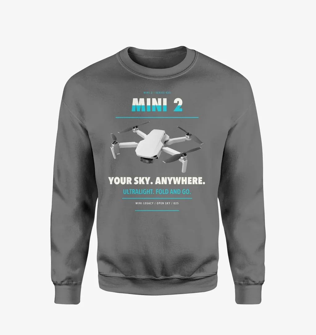 DJI Mini 2 design on gray sweatshirt