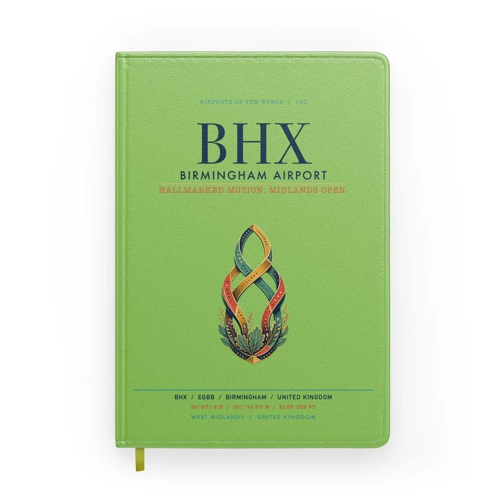 Birmingham Airport (BHX) design on light green notebook