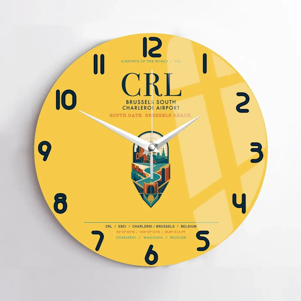 Brussels South Charleroi Airport (CRL) design on yellow no frame wall clock