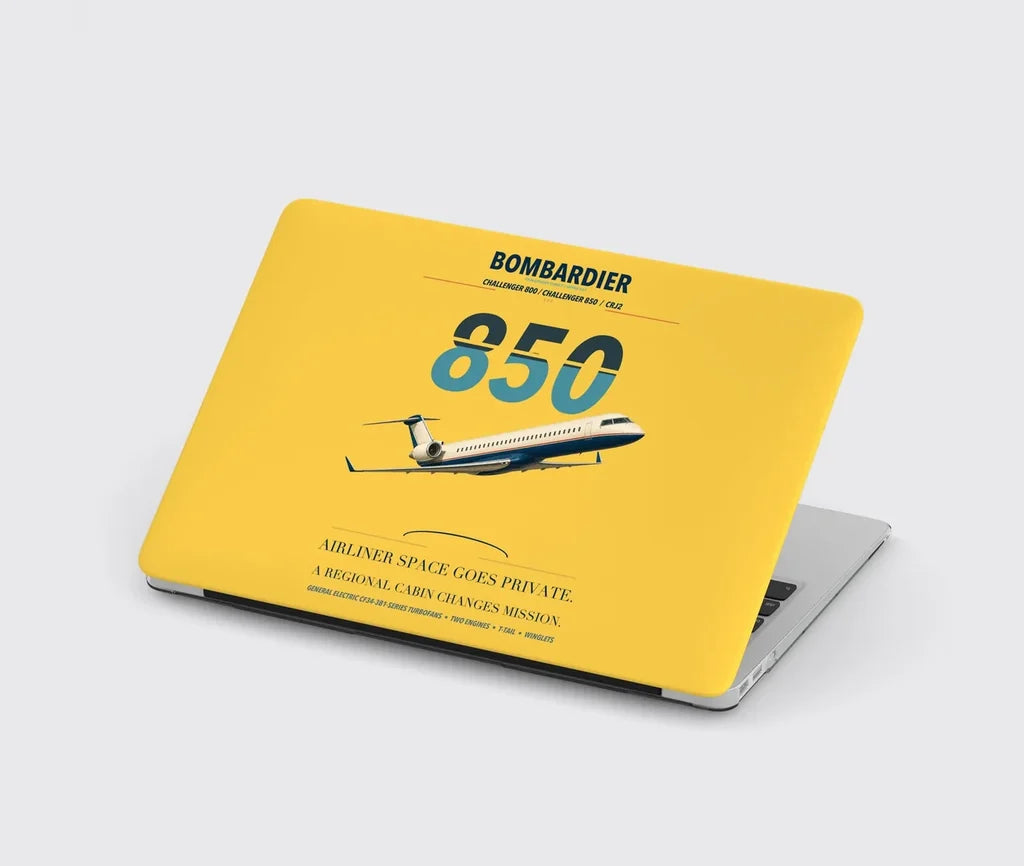 Bombardier Challenger 850 design on yellow MacBook case