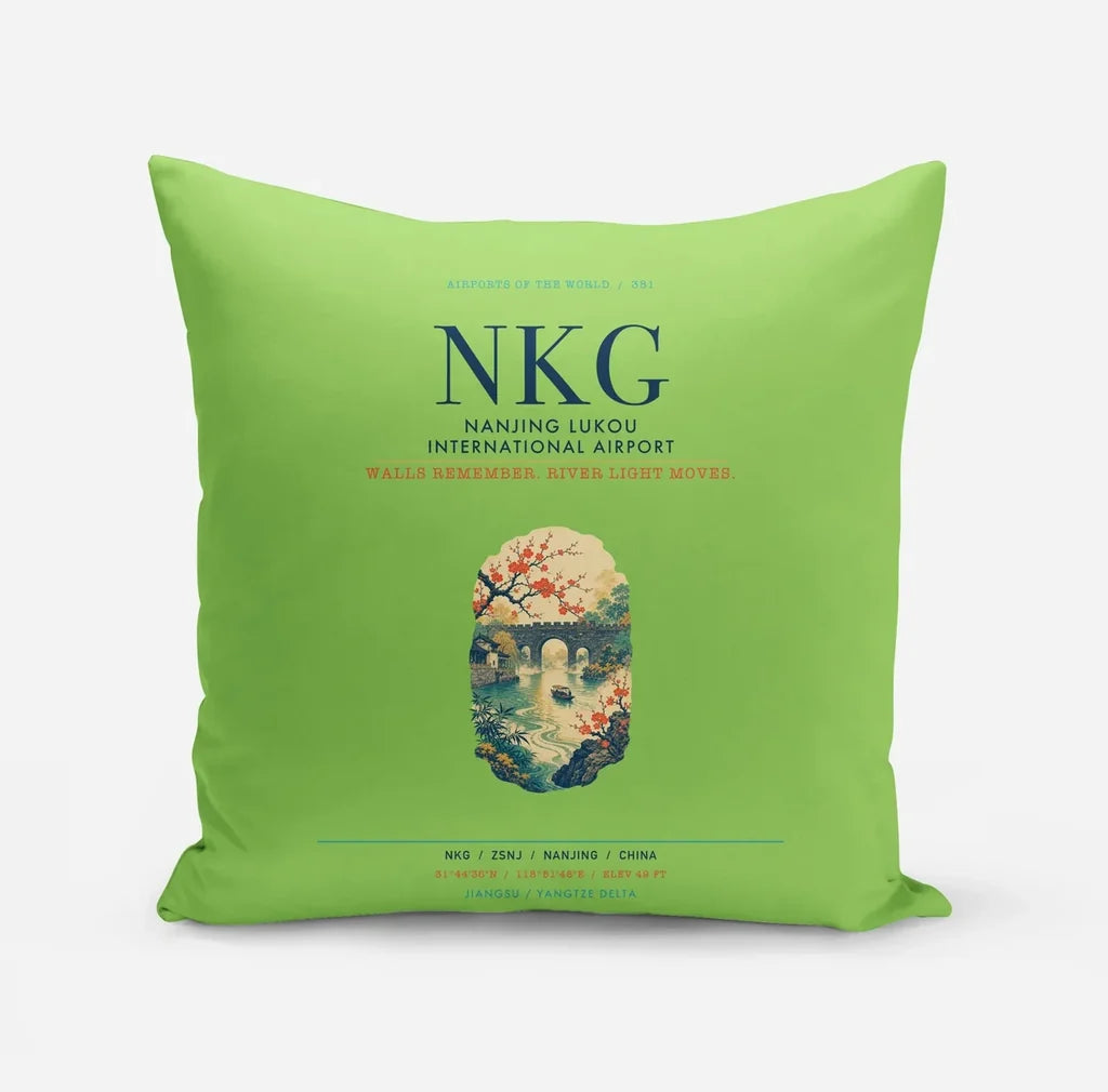 Nanjing Lukou International Airport (NKG) design on light green pillow