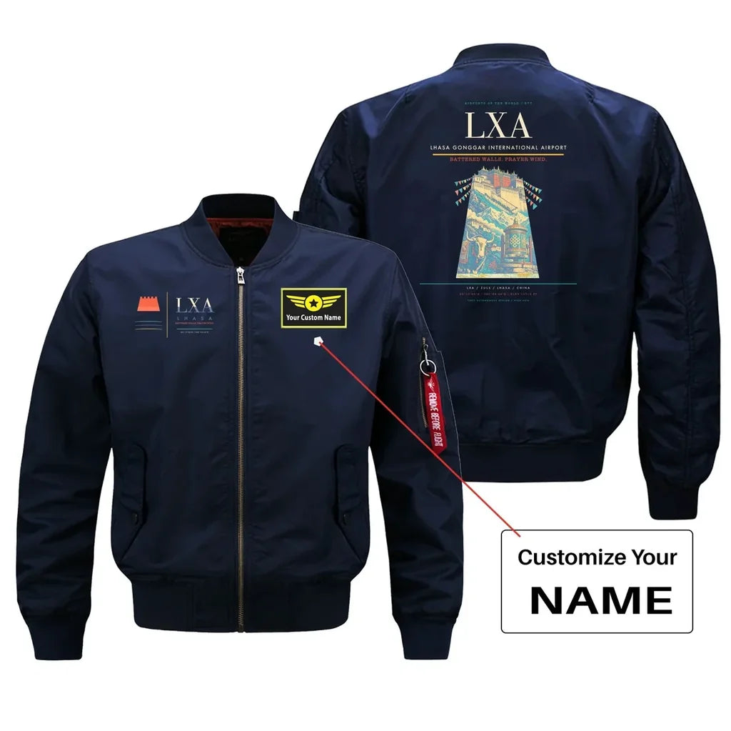 Lhasa Gonggar International Airport (LXA) design on blue bomber jacket with custom name patch