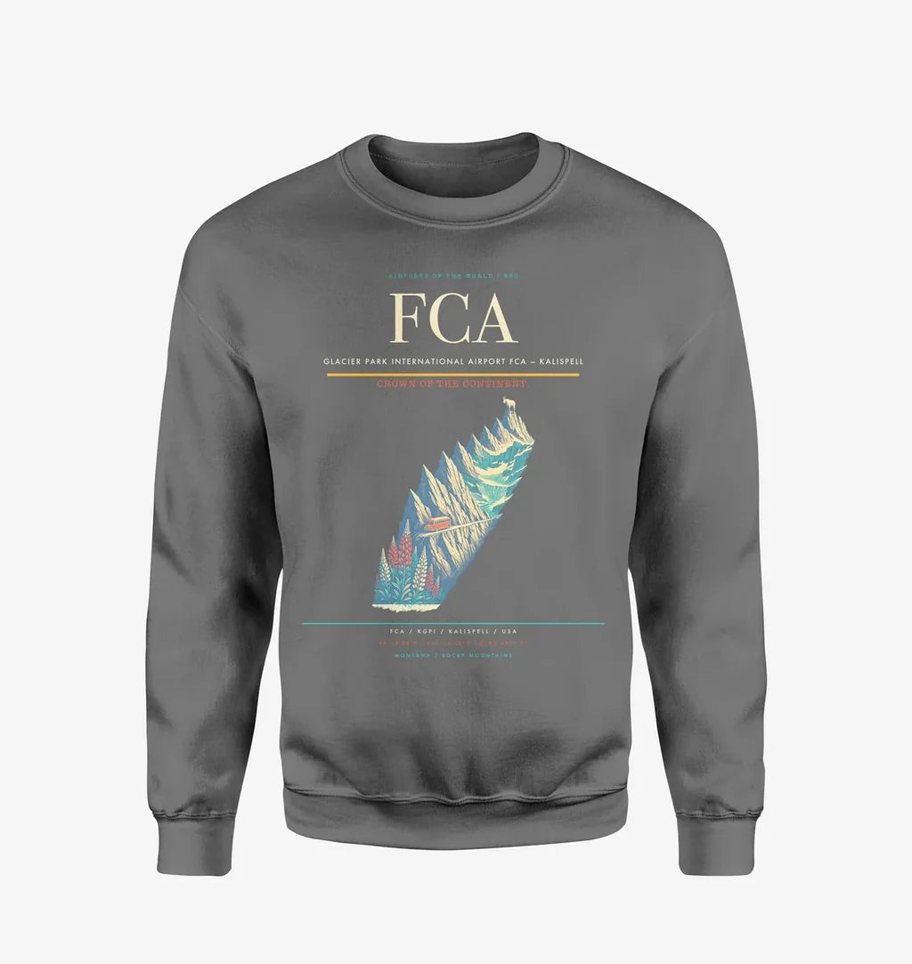 Glacier Park International Airport (FCA) design on gray sweatshirt