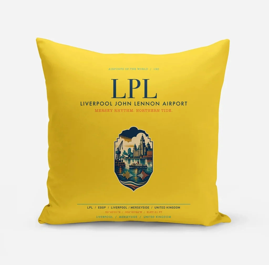 Liverpool John Lennon Airport (LPL) design on yellow pillow