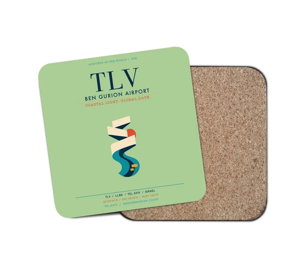 Tel Aviv Ben Gurion Airport (TLV) design on light green 1 piece coaster