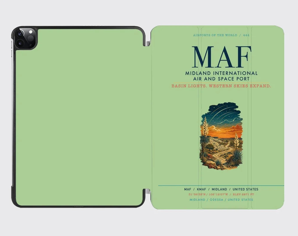 Midland International Air and Space Port (MAF) design on light green ipad tablet case