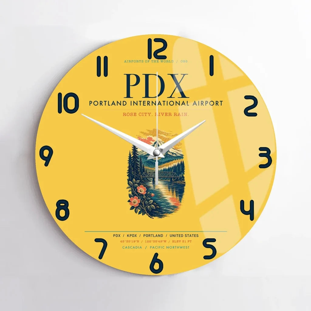 Portland International Airport (PDX) design on yellow no frame wall clock