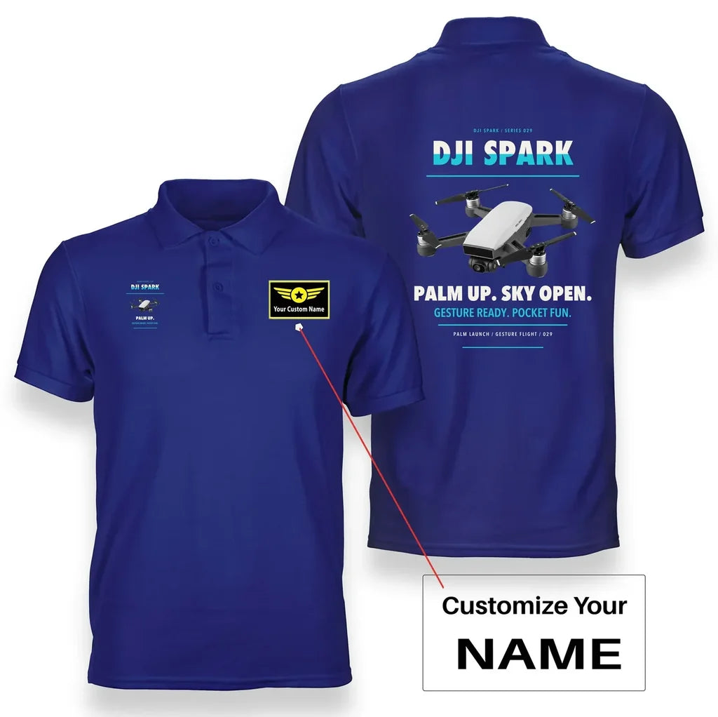 DJI Spark design on blue polo with custom name badge