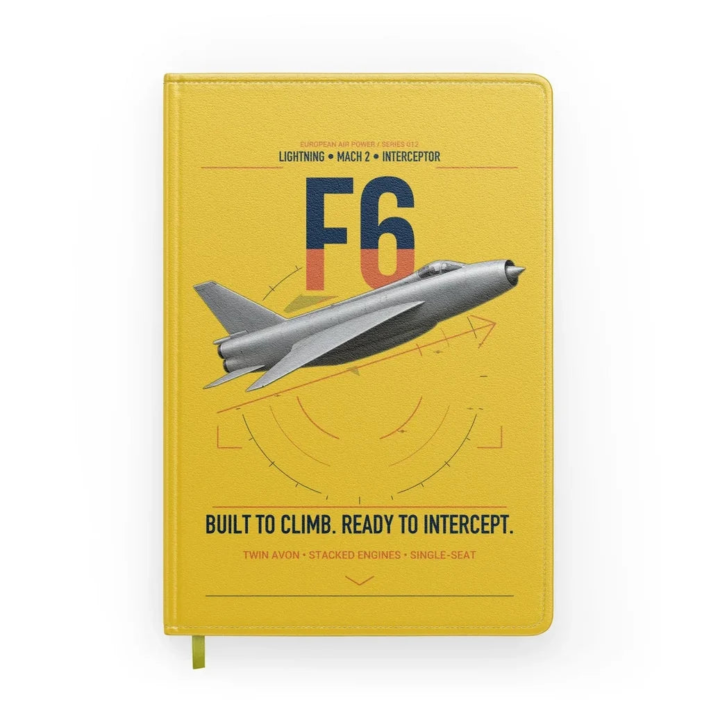 English Electric Lightning F6 design on yellow notebook