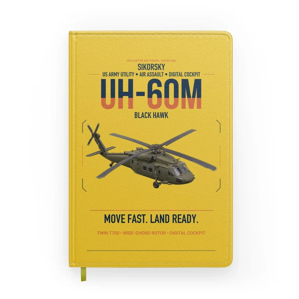 Sikorsky UH-60M Black Hawk design on yellow notebook