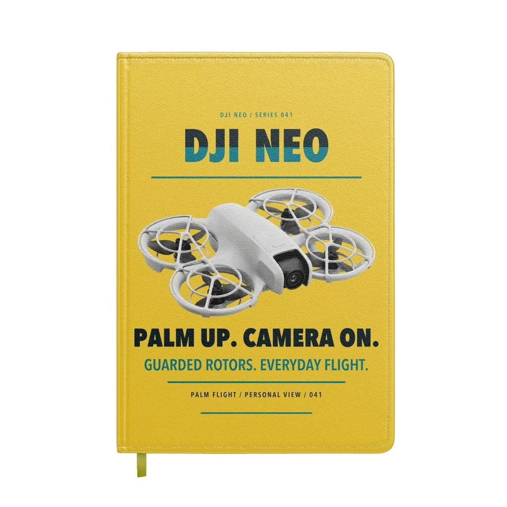 DJI Neo design on yellow notebook