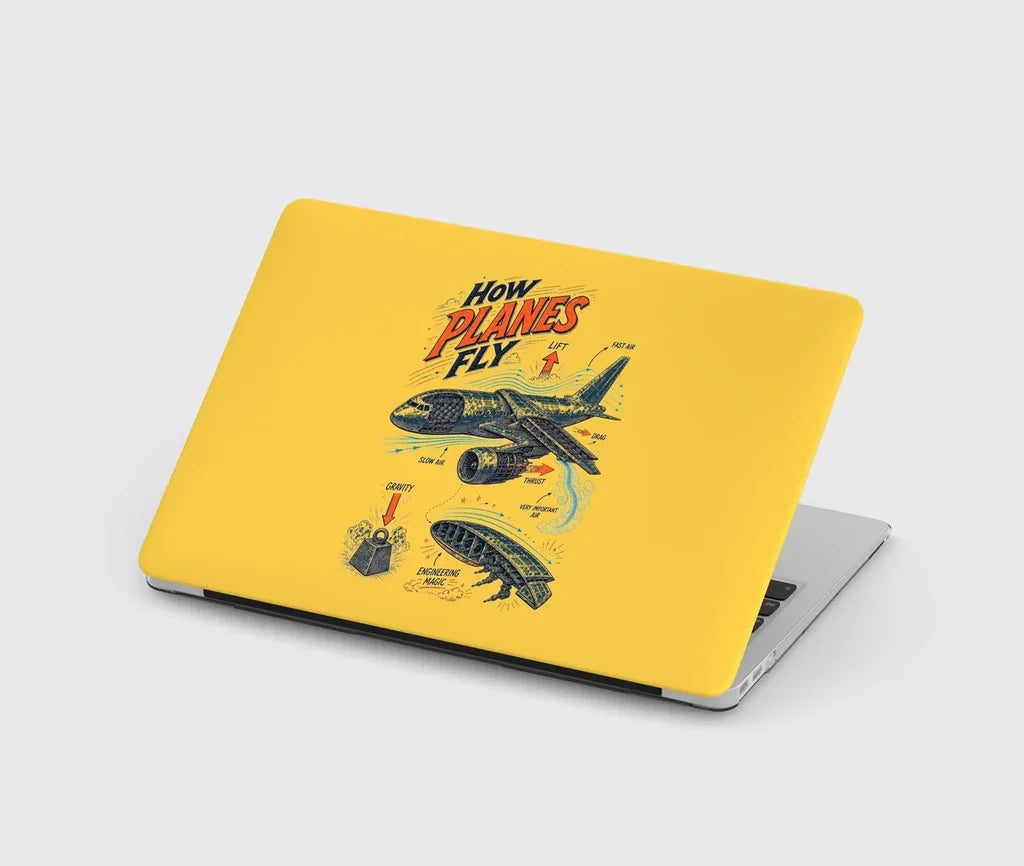 How Planes Fly V2 design on yellow MacBook case
