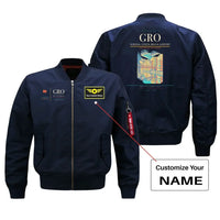 Thumbnail for Girona–Costa Brava Airport (GRO) design on blue bomber jacket with custom name patch