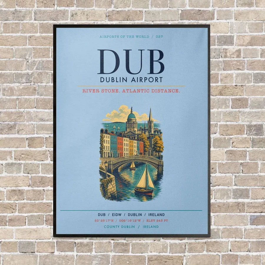 Dublin Airport DUB vertical canvas print - framed - light blue background