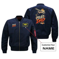 Thumbnail for SIGNAL 612 - Pilot Dad - Bomber Jacket design on blue bomber jacket with custom name badge