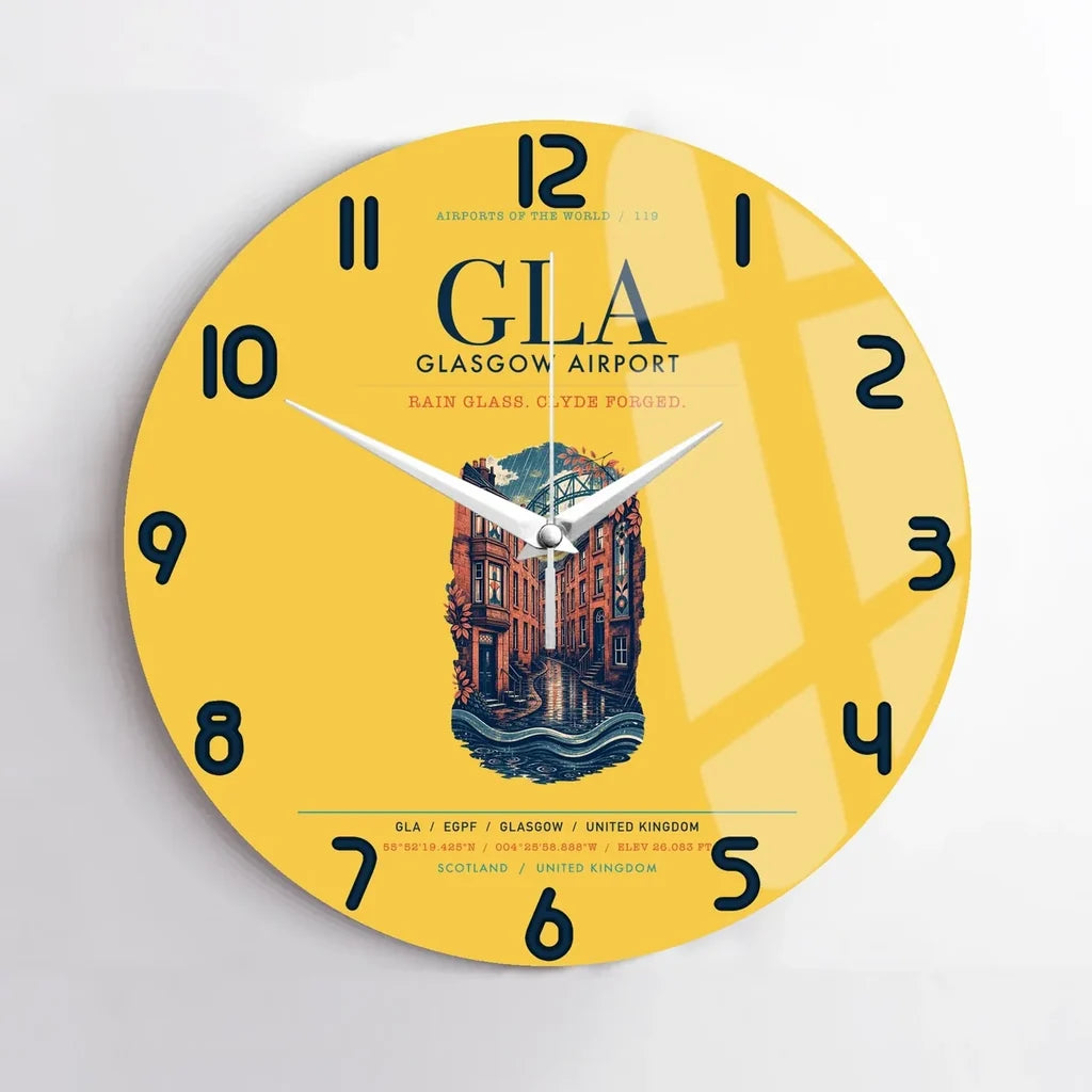 Glasgow Airport (GLA) design on yellow no frame wall clock