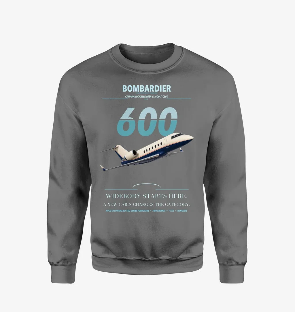 Bombardier Challenger 600 design on gray sweatshirt