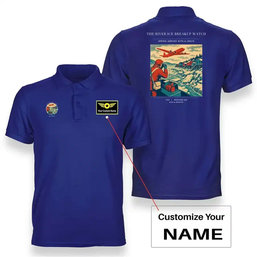 VINTAGE G4491 - The River Ice Breakup Watch - Double-Side Polo T-Shirt design on blue+name