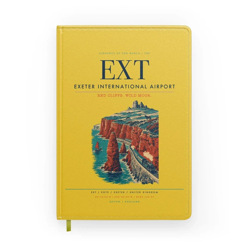 Exeter International Airport (EXT) design on yellow notebook