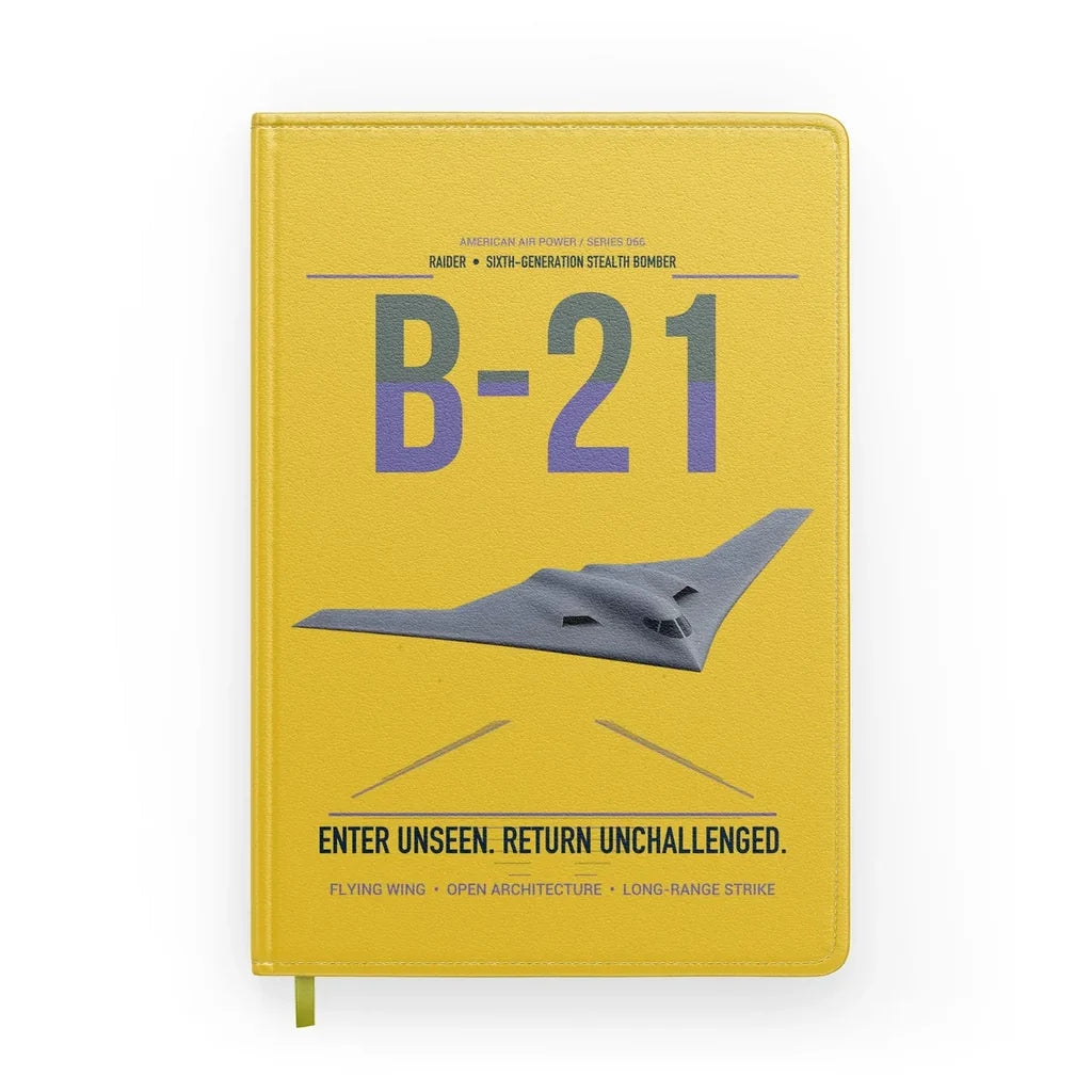 B-21 Raider design on yellow notebook