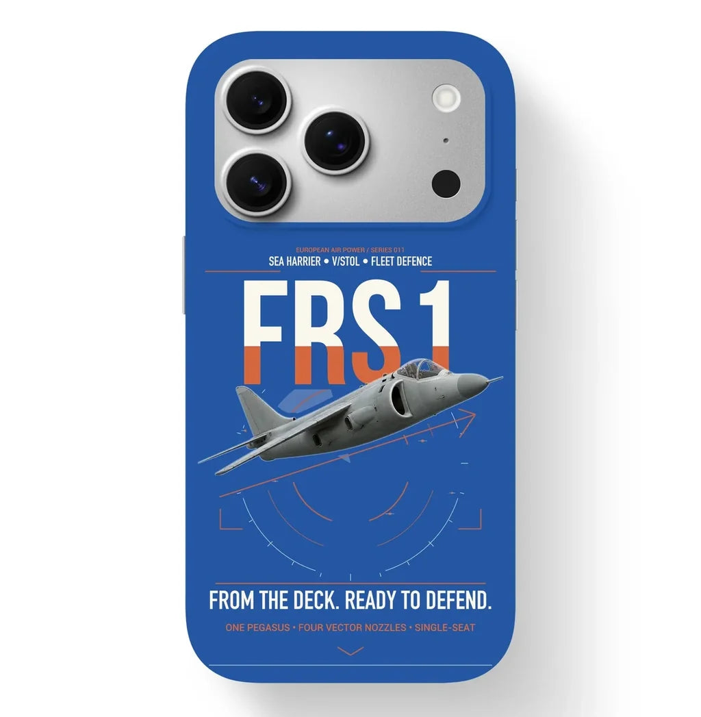 British Aerospace Sea Harrier FRS.1 design on blue magsafe iphone case, for iPhone 17 Pro