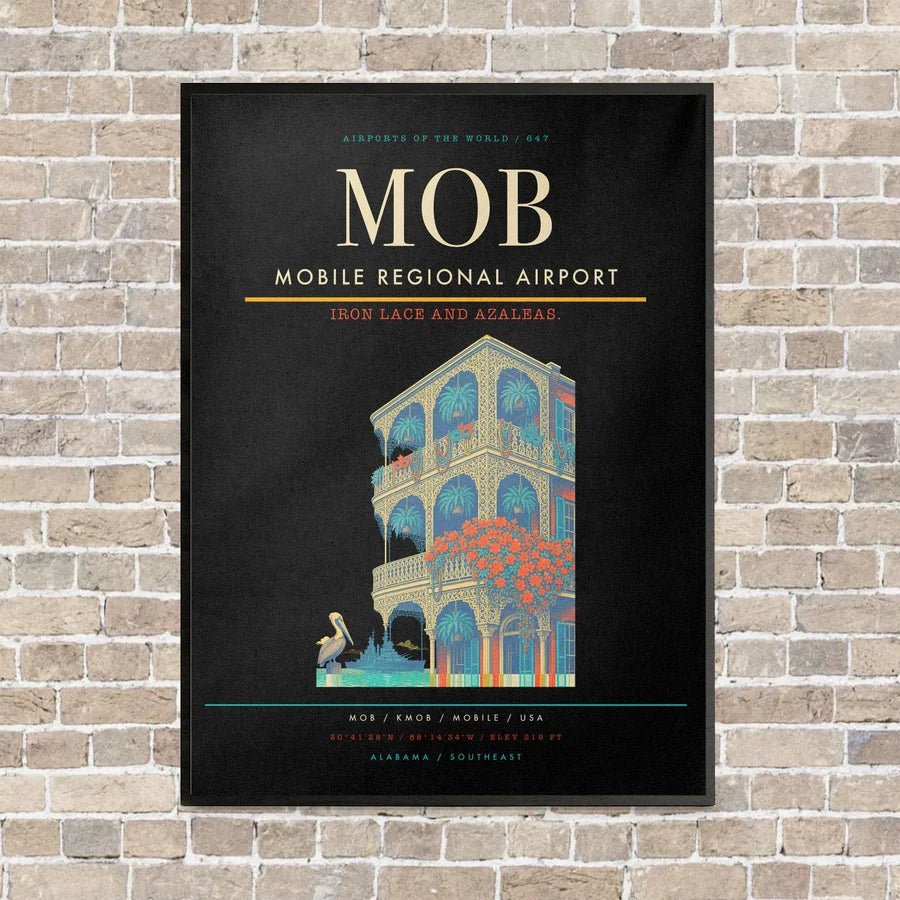 Mobile Regional Airport MOB vertical canvas print - framed - black background