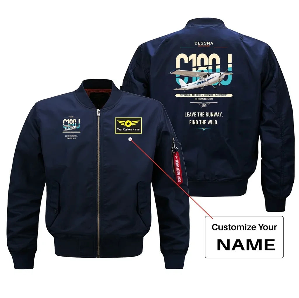 Cessna 180J Skywagon design on blue+name bomber jacket, double-side print